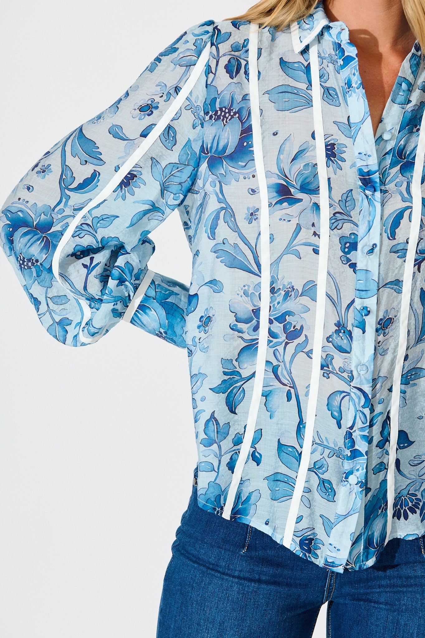 Caprice Shirt in Blue Floral With Stripe Trim