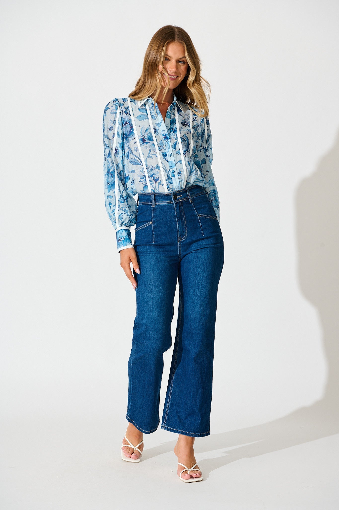 Caprice Shirt in Blue Floral With Stripe Trim