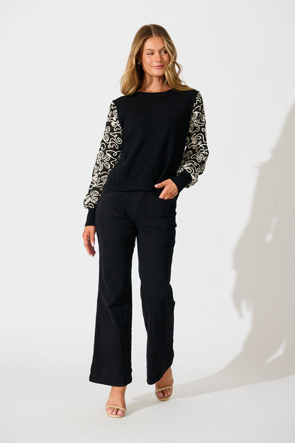 Nyomi Knit in Black with Embroidered Sleeve Wool Blend