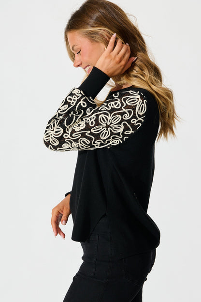 Nyomi Knit in Black with Embroidered Sleeve Wool Blend