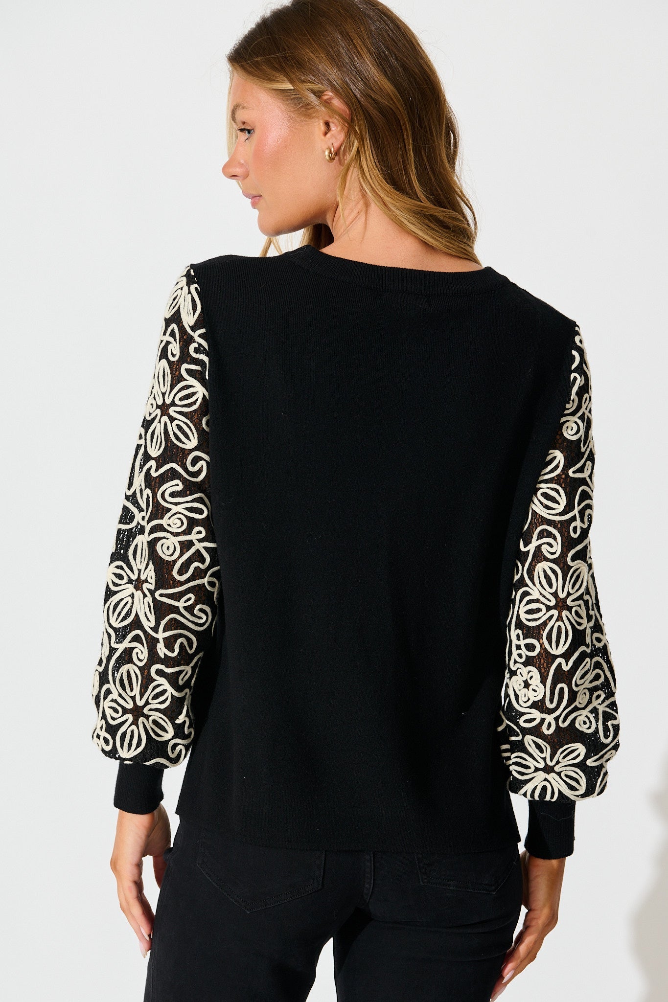 Nyomi Knit in Black with Embroidered Sleeve Wool Blend