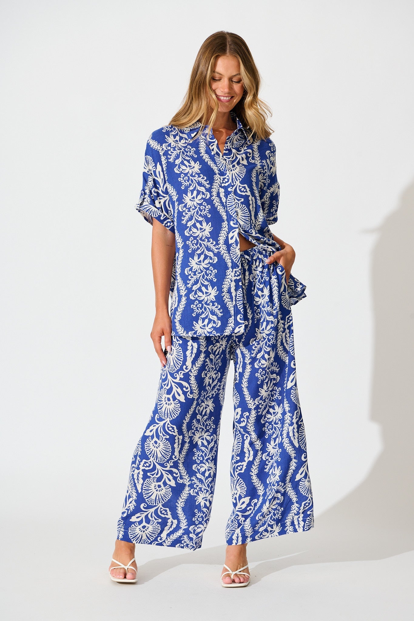 Monaco Pant in Blue with White Print