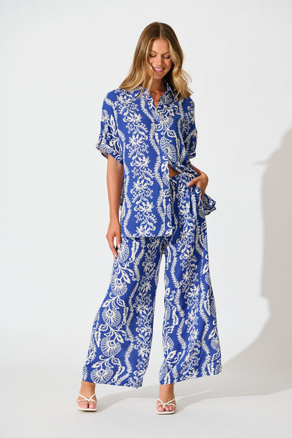 Monaco Pant in Blue with White Print
