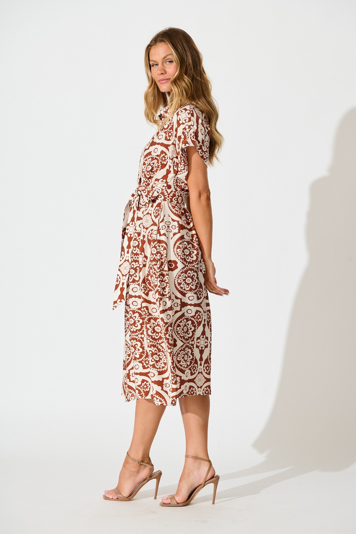 Sweet Talk Midi Shirt Dress in Brown Print