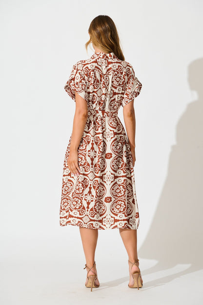 Sweet Talk Midi Shirt Dress in Brown Print