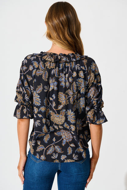 Hidden Treasure Top in Black with Multi Floral Print