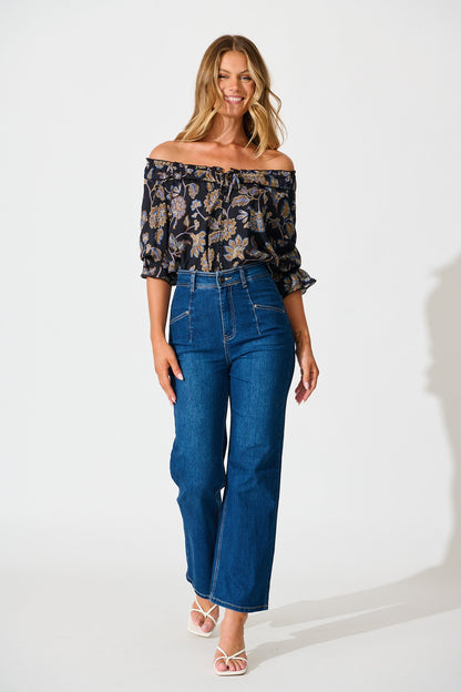 Hidden Treasure Top in Black with Multi Floral Print