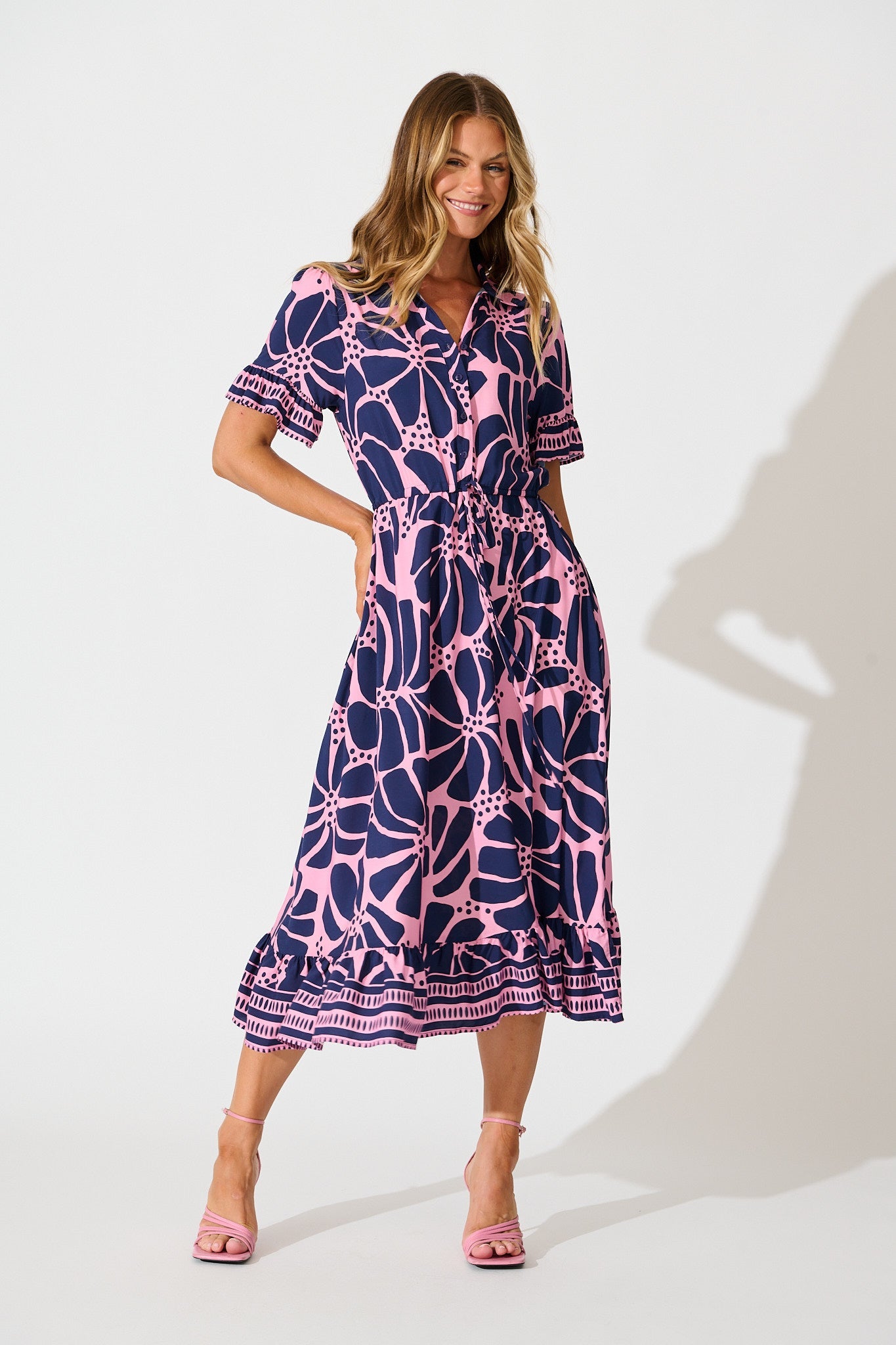 Aiken Midi Dress In Pink And Navy Floral