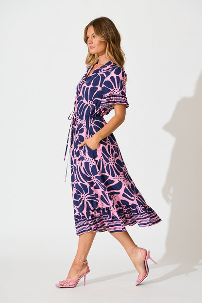 Aiken Midi Dress In Pink And Navy Floral