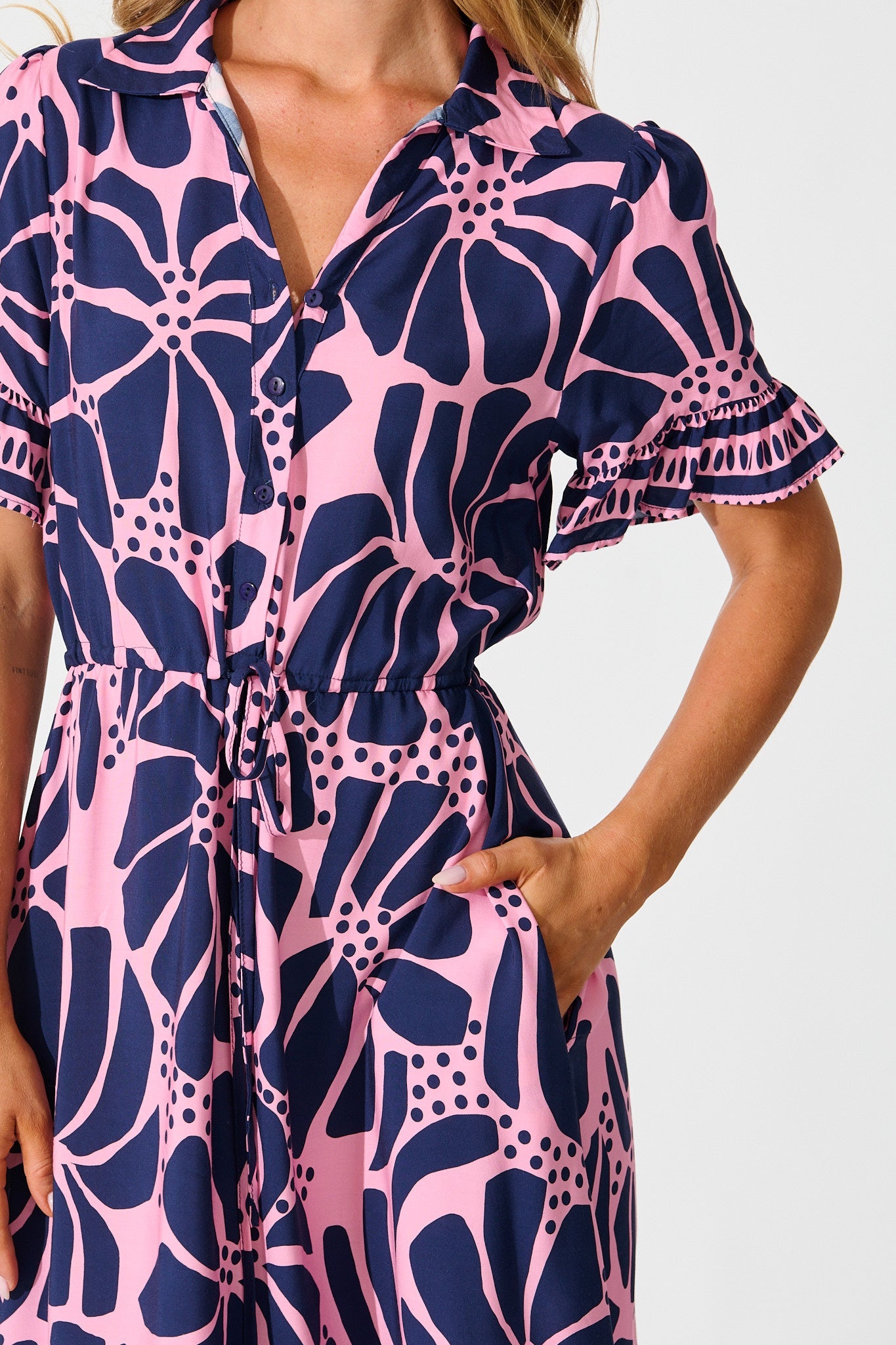 Aiken Midi Dress In Pink And Navy Floral