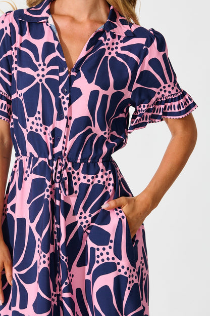 Aiken Midi Dress In Pink And Navy Floral