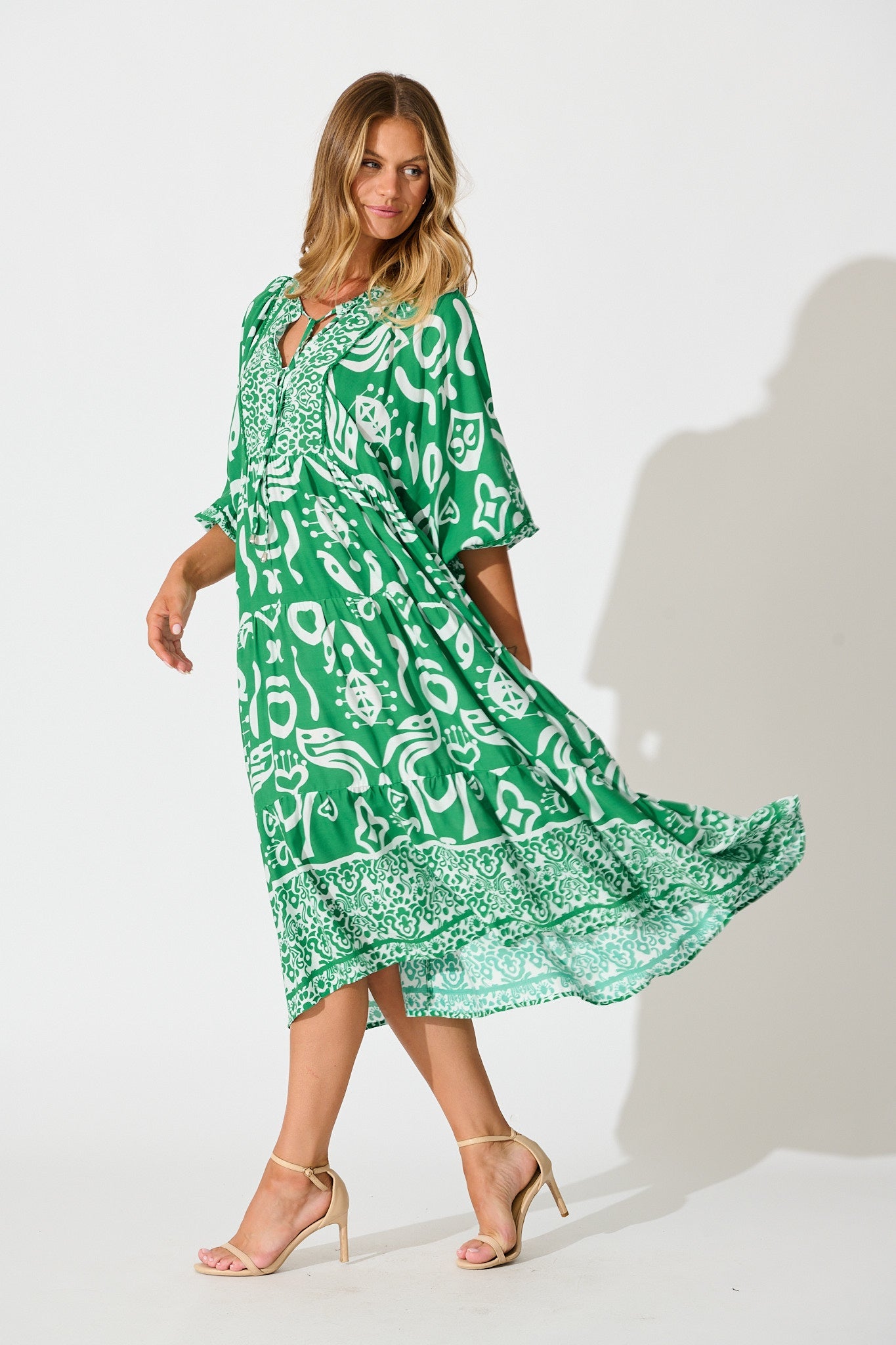 Barrymore Midi Smock Dress in Green Print