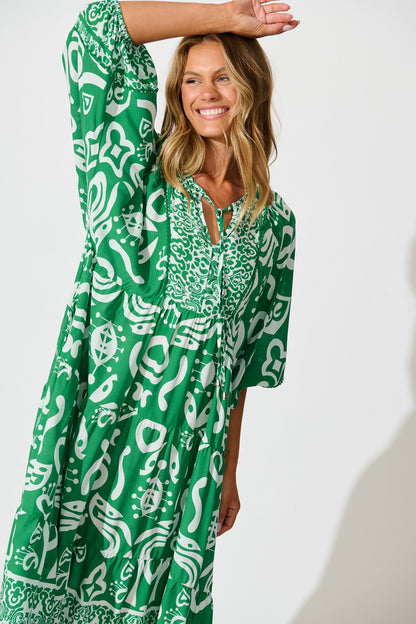 Barrymore Midi Smock Dress in Green Print