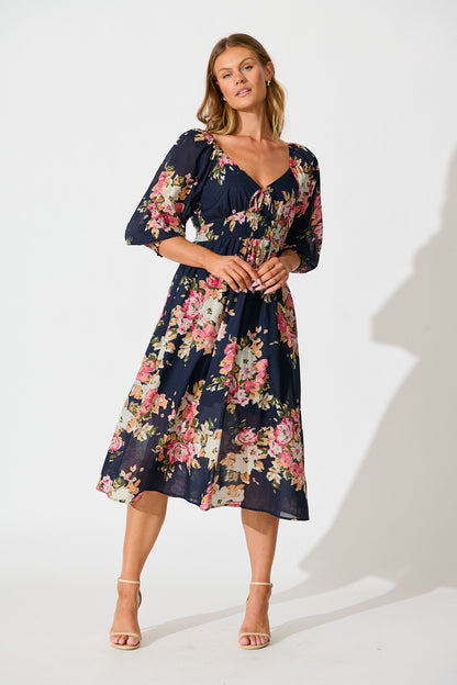 Indianna Midi Dress in Navy with Multi Floral Cotton