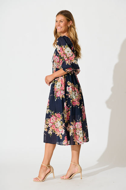 Indianna Midi Dress in Navy with Multi Floral Cotton