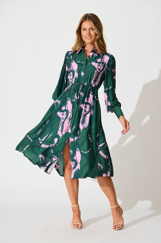 Impulse Midi Shirt Dress in Green Multi Print