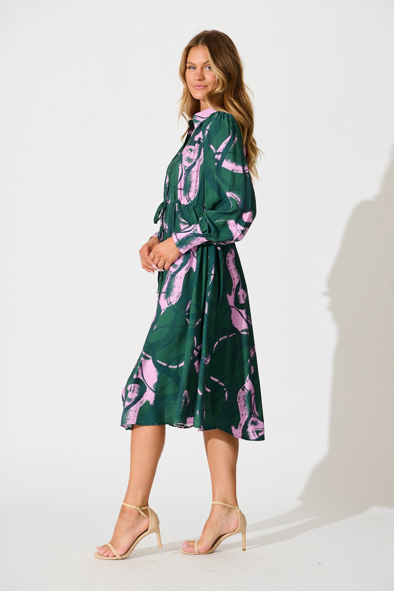 Impulse Midi Shirt Dress in Green Multi Print
