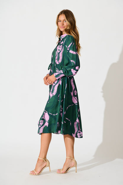 Impulse Midi Shirt Dress in Green Multi Print