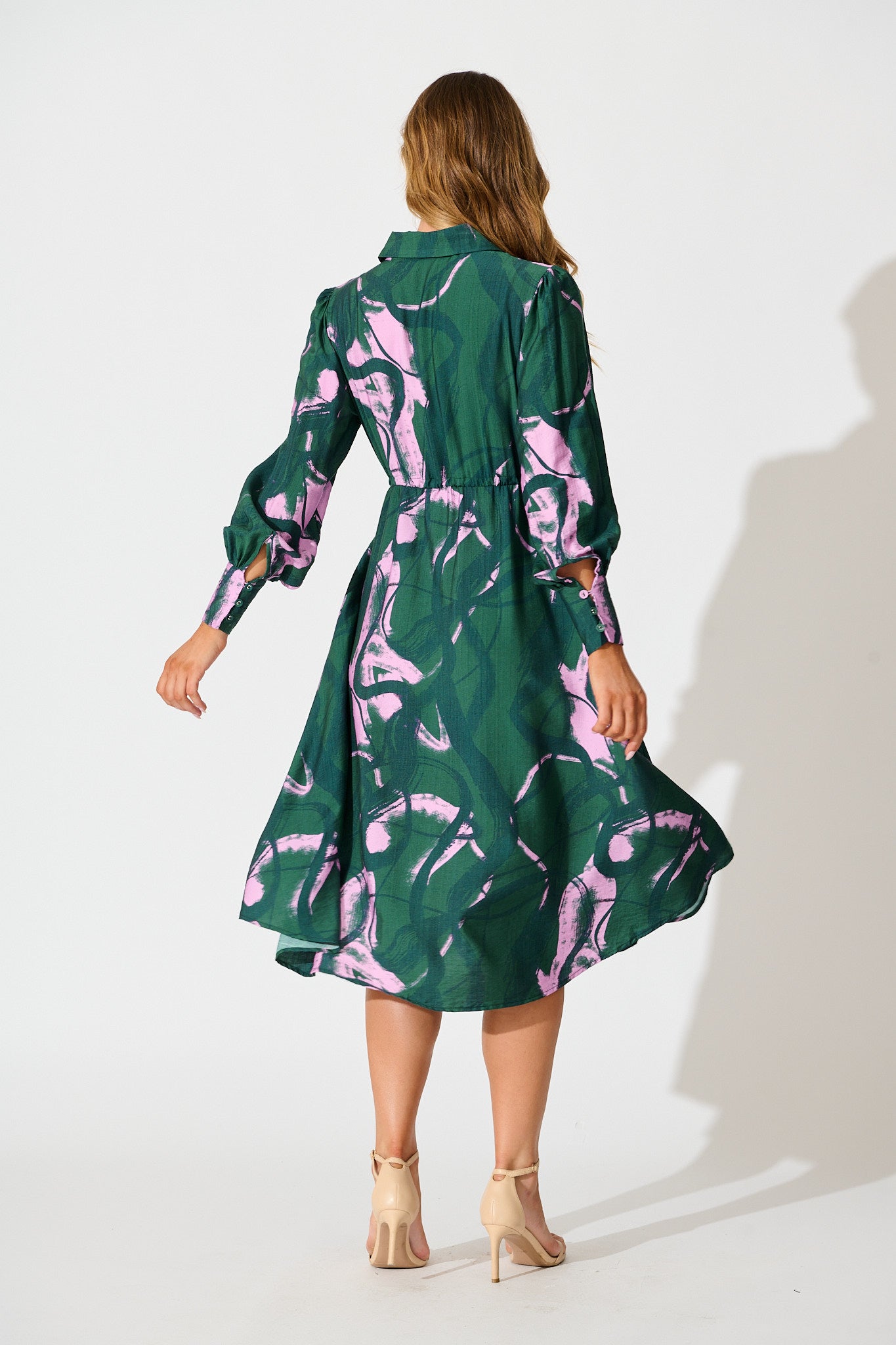 Impulse Midi Shirt Dress in Green Multi Print
