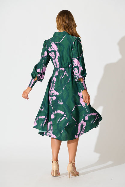 Impulse Midi Shirt Dress in Green Multi Print