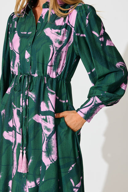 Impulse Midi Shirt Dress in Green Multi Print