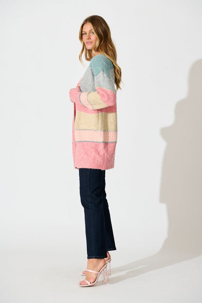 Annabelle Knit Cardigan in Multi Blue and Pink Wool Blend