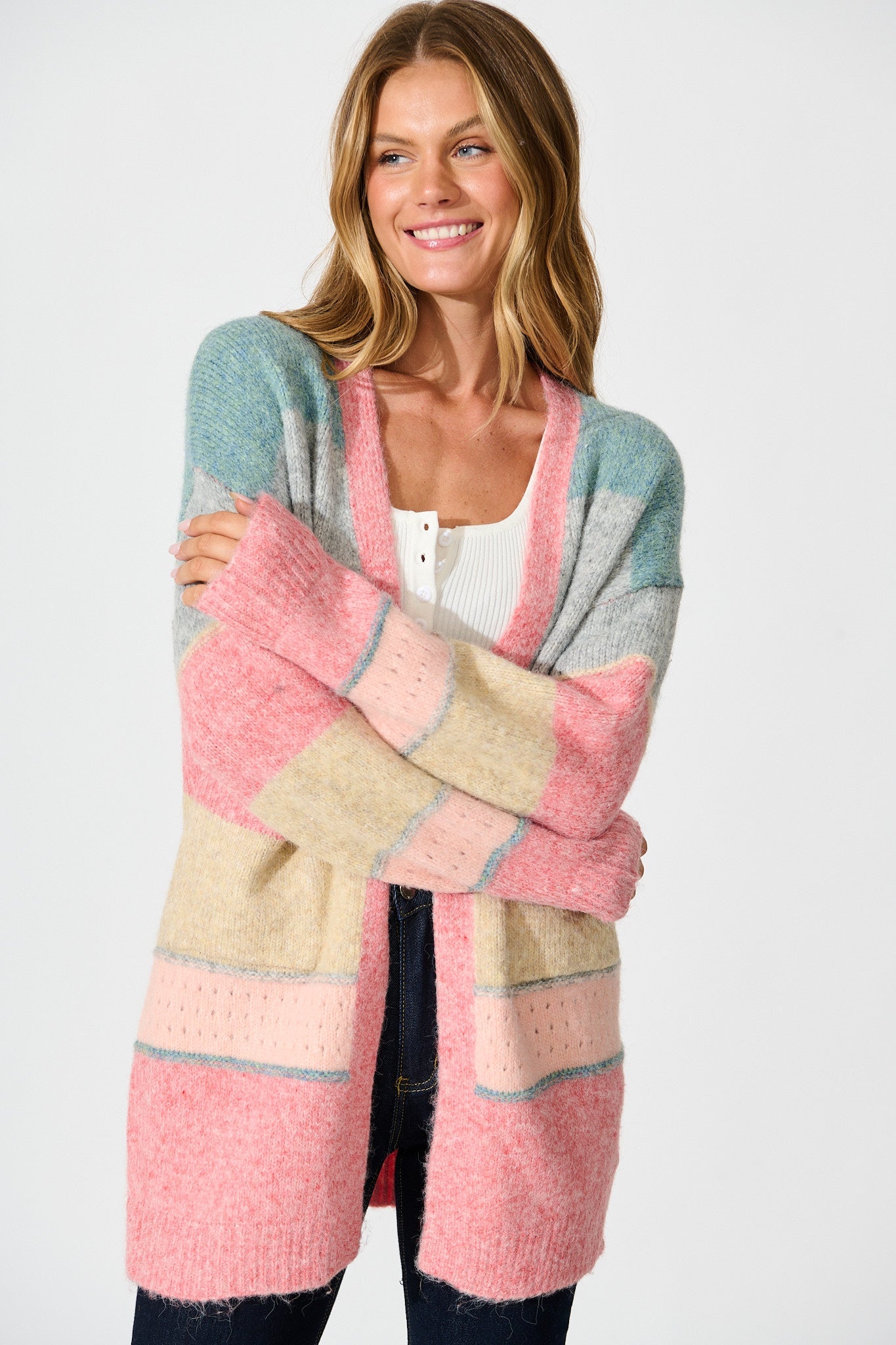 Annabelle Knit Cardigan in Multi Blue and Pink Wool Blend
