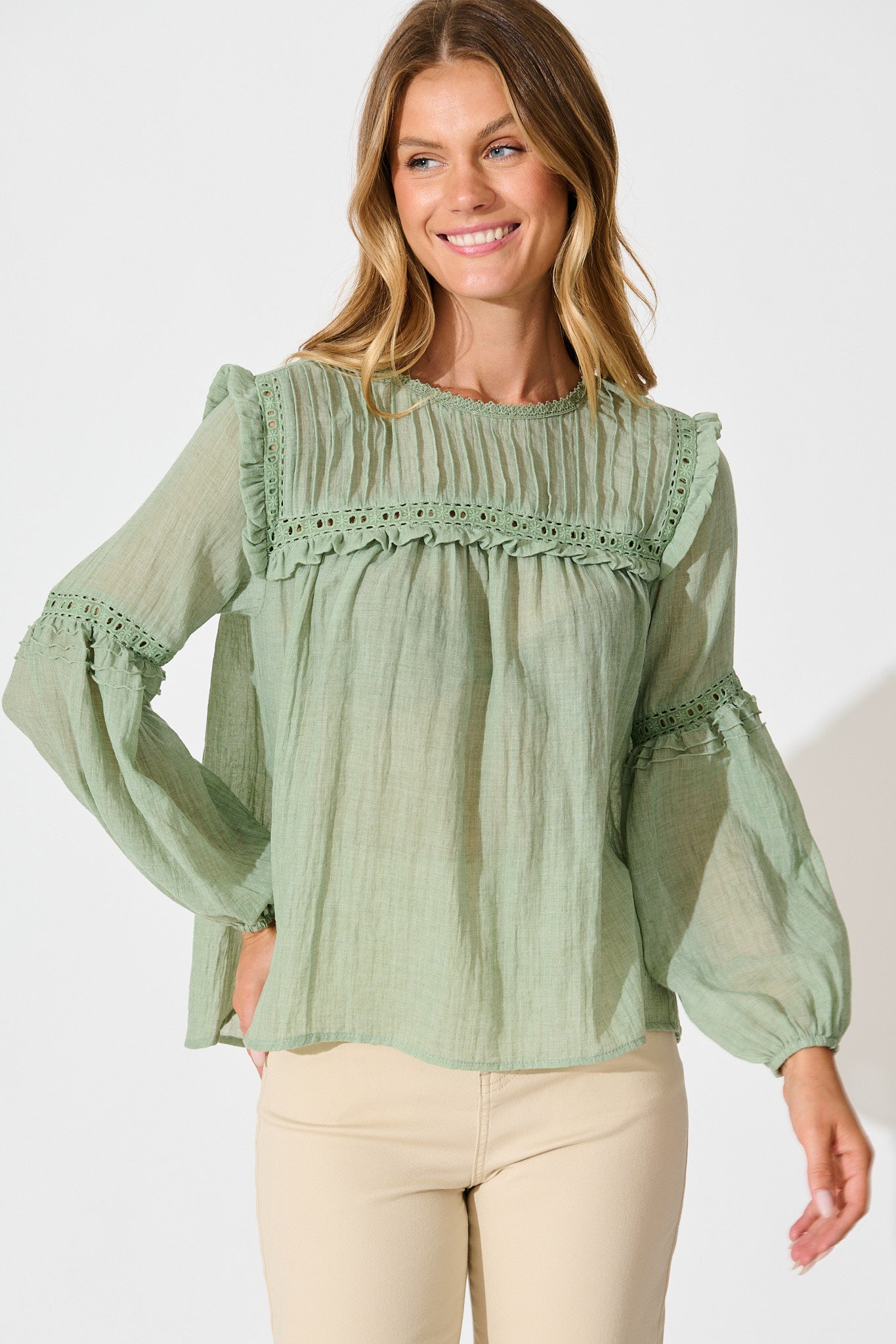 Calla Smock Top In Sage Green Cotton
