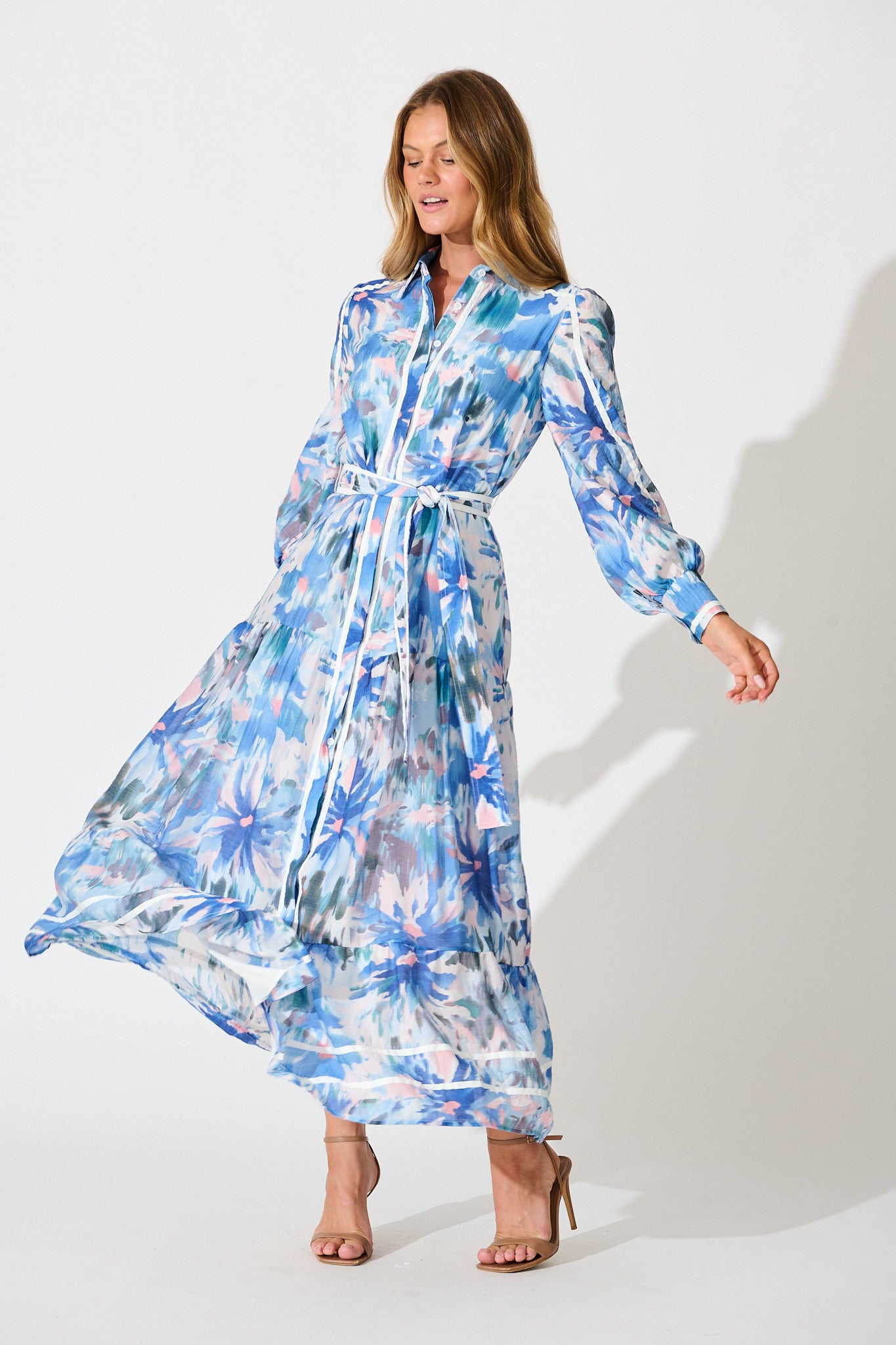Laguna Maxi Shirt Dress in Blue Multi with White Trim