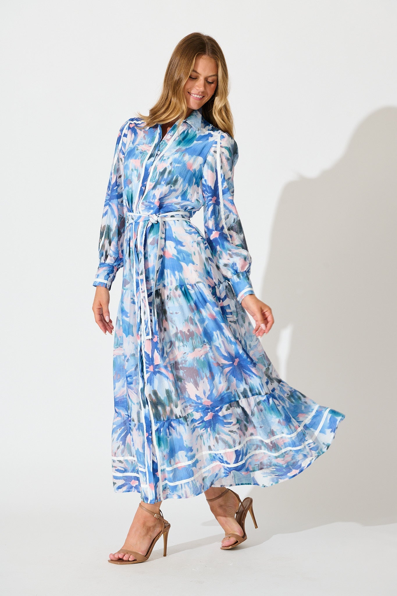 Laguna Maxi Shirt Dress in Blue Multi with White Trim