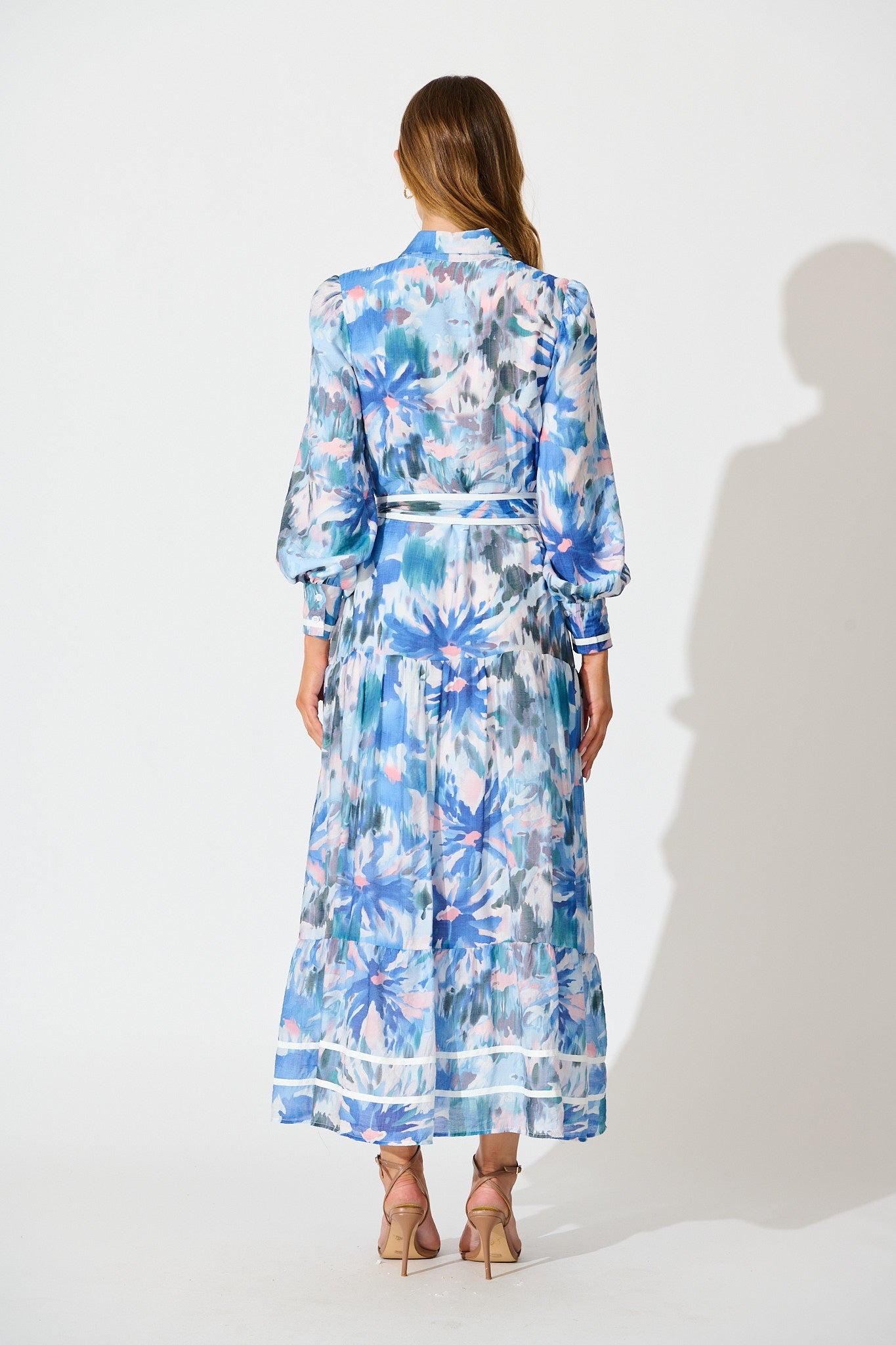 Laguna Maxi Shirt Dress in Blue Multi with White Trim
