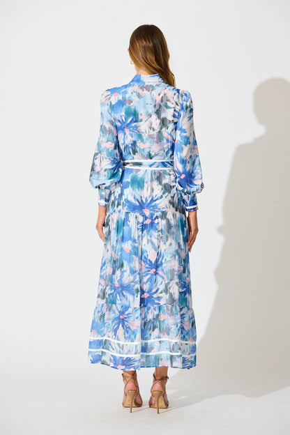 Laguna Maxi Shirt Dress in Blue Multi with White Trim