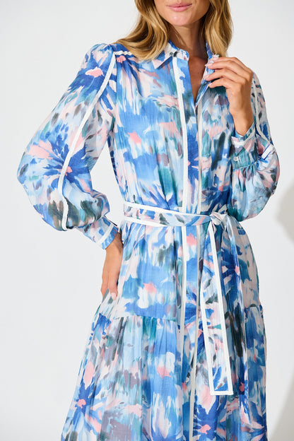Laguna Maxi Shirt Dress in Blue Multi with White Trim