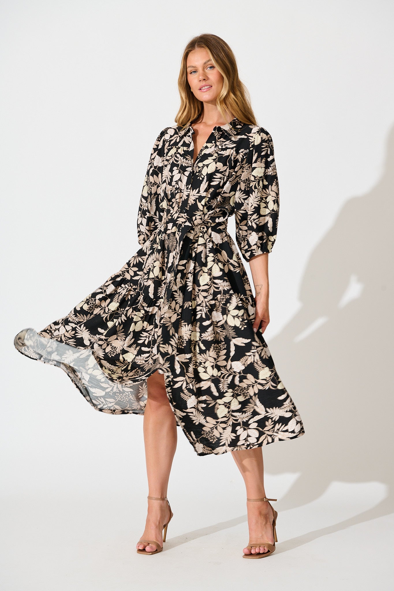 Martina Midi Shirt Dress in Black with Beige Leaf Print