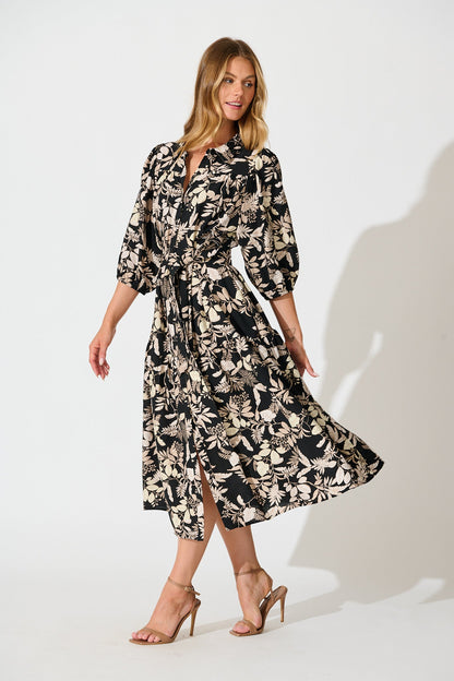 Martina Midi Shirt Dress in Black with Beige Leaf Print
