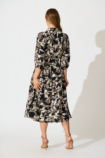 Martina Midi Shirt Dress in Black with Beige Leaf Print