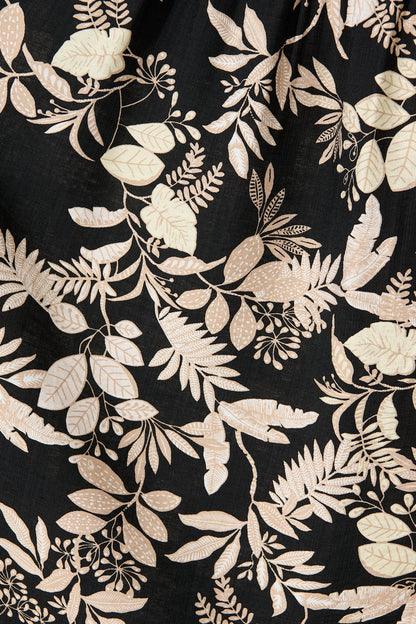 Martina Midi Shirt Dress in Black with Beige Leaf Print