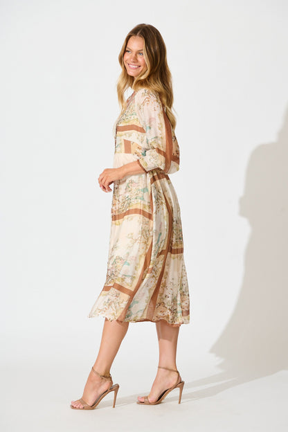 Liaison Midi Dress in Multi Beige Patchwork Print