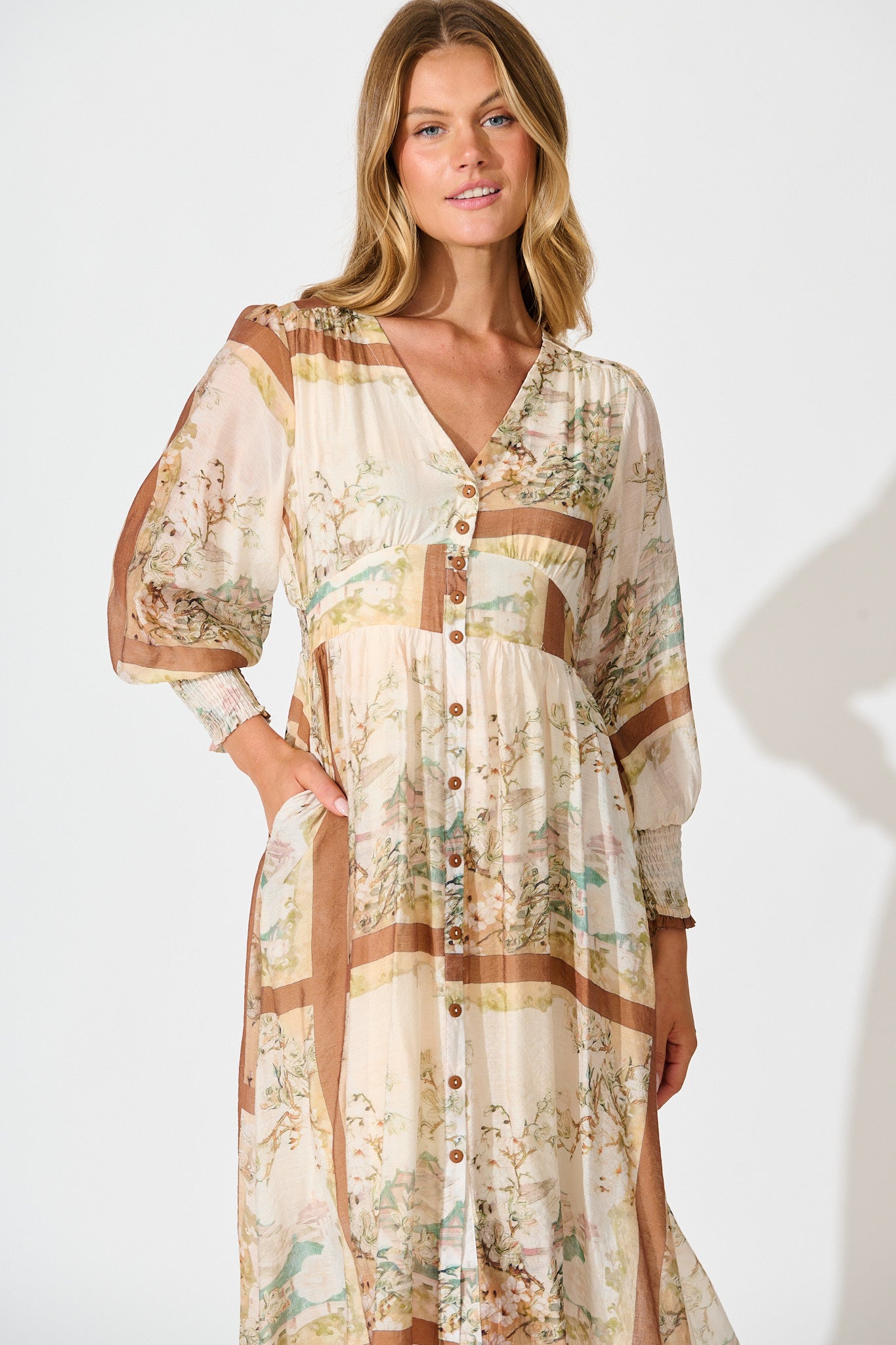 Liaison Midi Dress in Multi Beige Patchwork Print