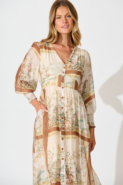 Liaison Midi Dress in Multi Beige Patchwork Print