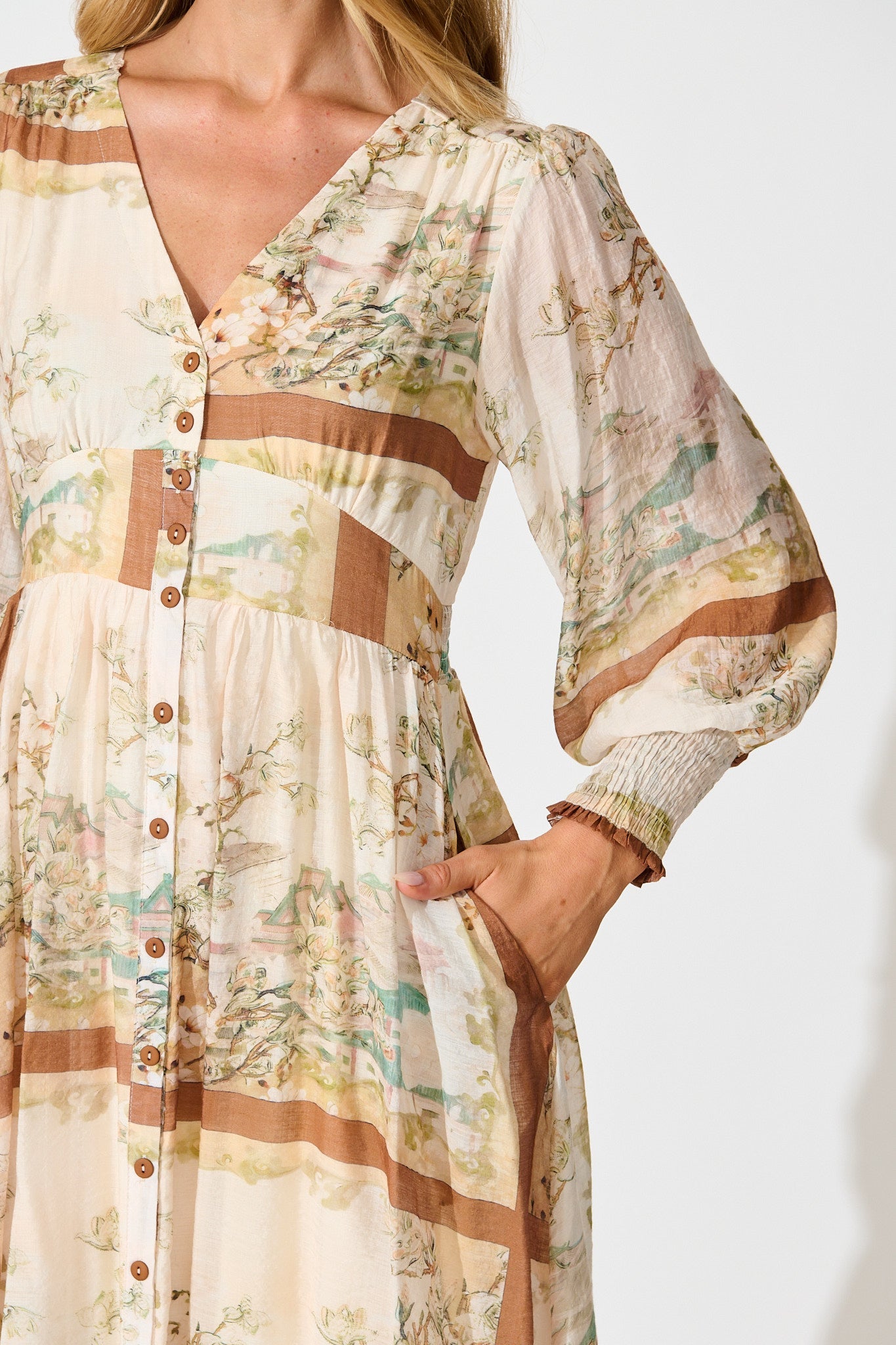 Liaison Midi Dress in Multi Beige Patchwork Print