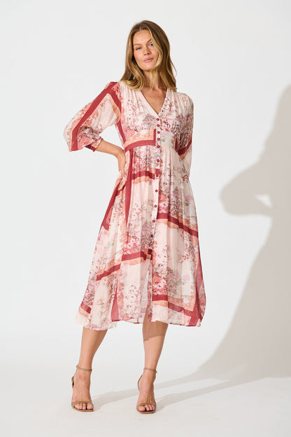 Liaison Midi Dress in Multi Blush Patchwork Print