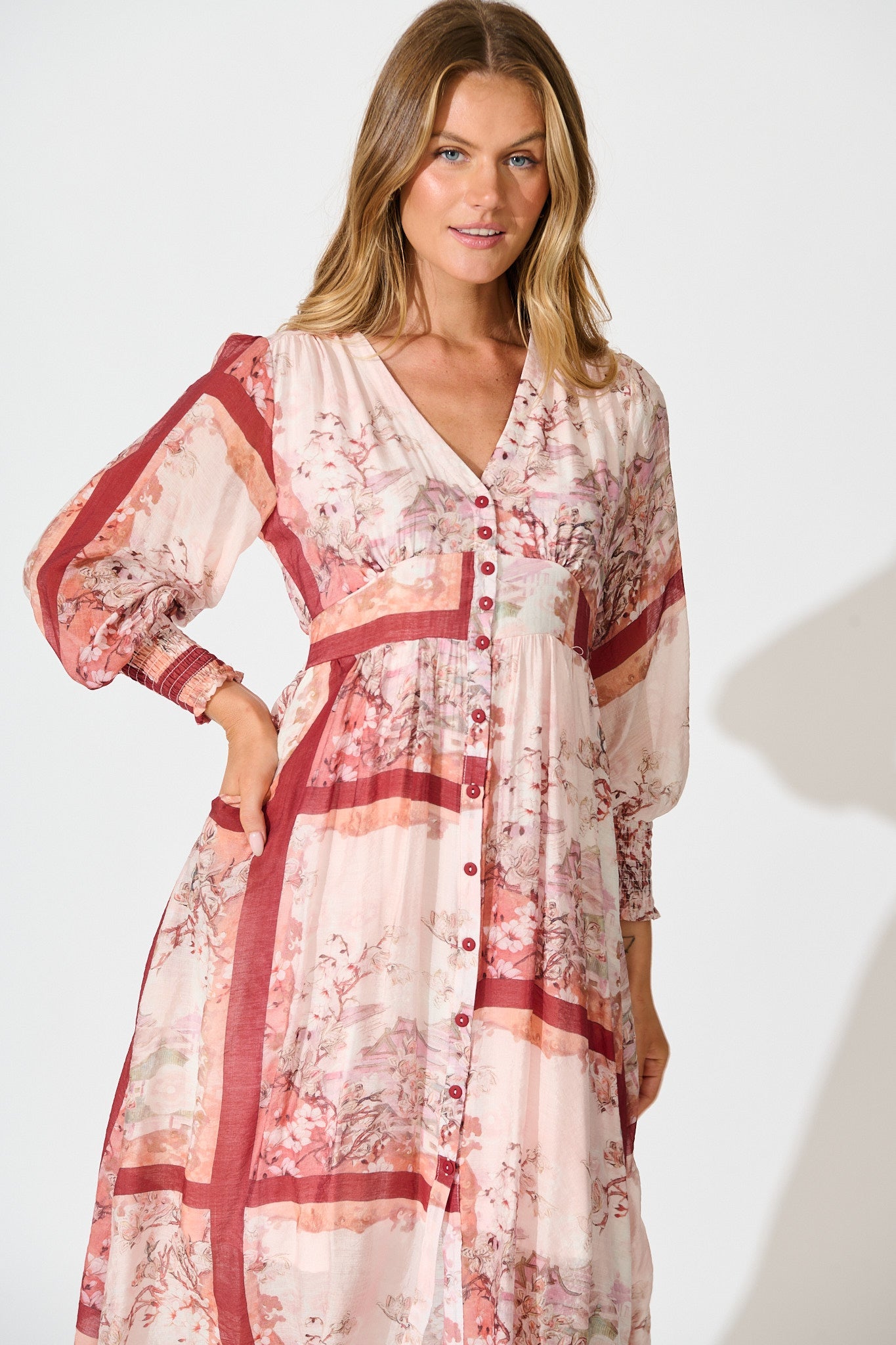 Liaison Midi Dress in Multi Blush Patchwork Print