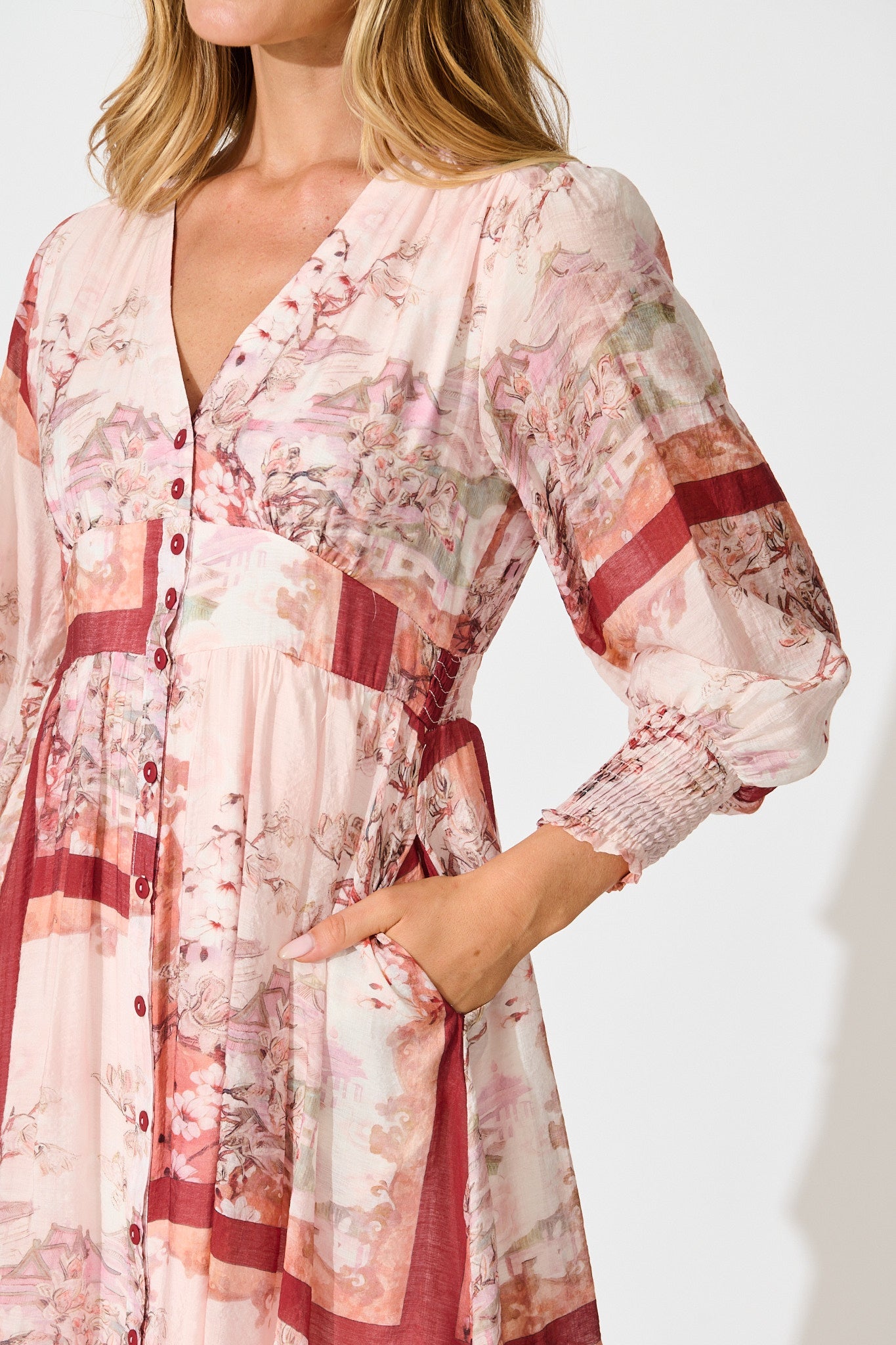 Liaison Midi Dress in Multi Blush Patchwork Print