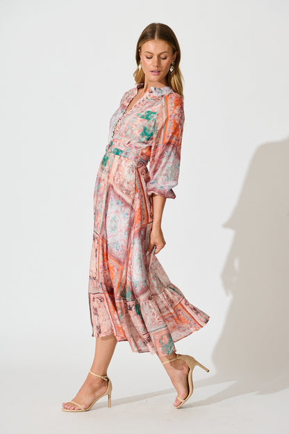 Sardina Midi Dress in Blush and Multi Patchwork Print
