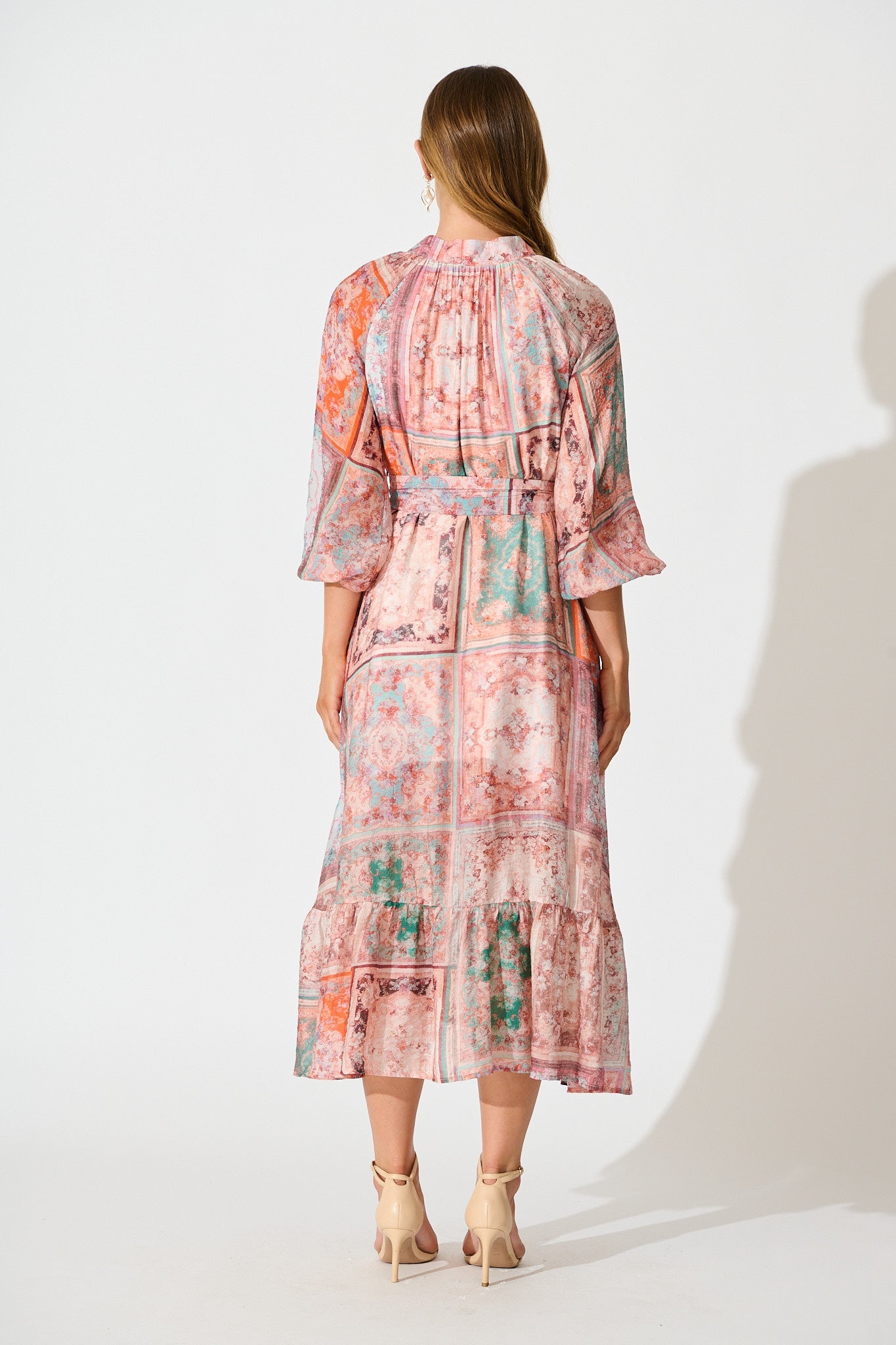 Sardina Midi Dress in Blush and Multi Patchwork Print