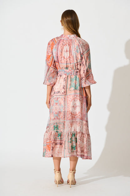 Sardina Midi Dress in Blush and Multi Patchwork Print