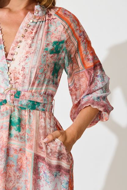 Sardina Midi Dress in Blush and Multi Patchwork Print