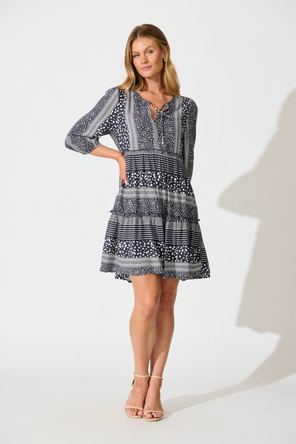 Pia Smock Dress in Navy Spot and Stripe