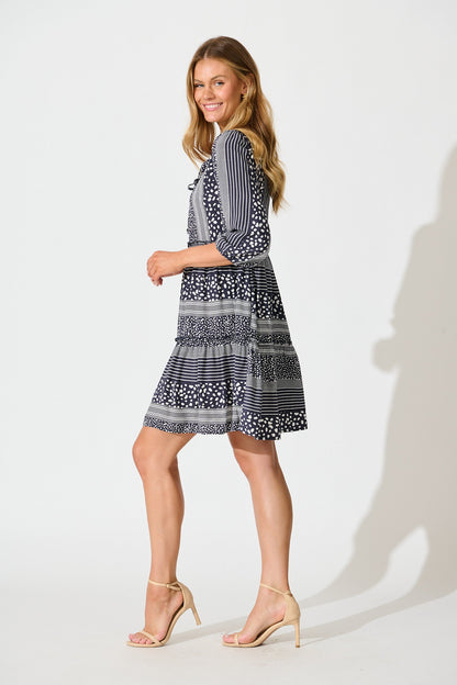 Pia Smock Dress in Navy Spot and Stripe